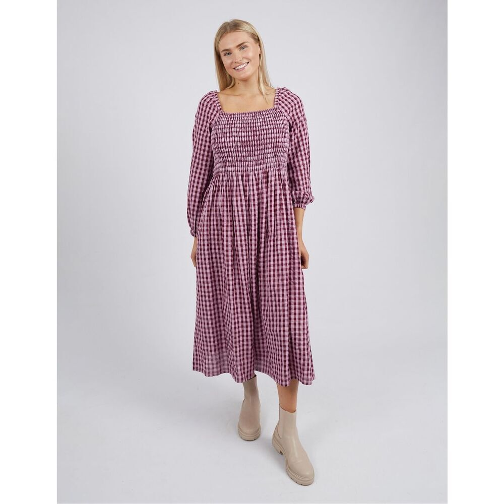 Elm Pippa Gingham Check Smocked Midi Dress Size 14